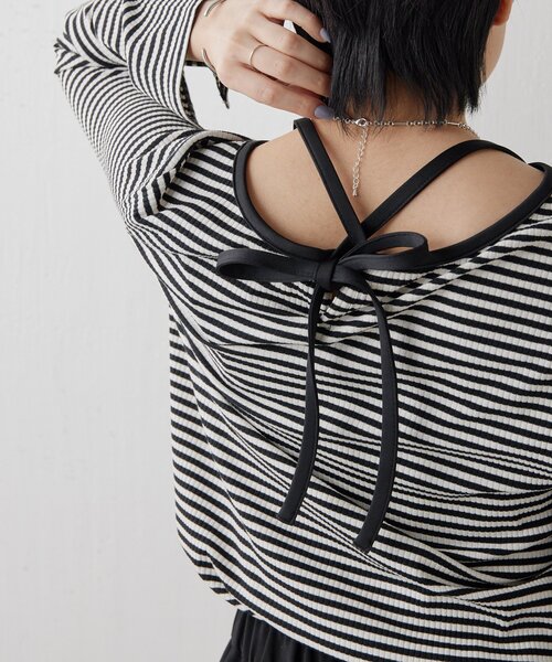 イアパピヨネ スミスタイル 変形トップス 切り替え アシメ ボーダー ear PAPILLONNER（イア パピヨネ） tシャツ ボーダーテレコ/カットソー