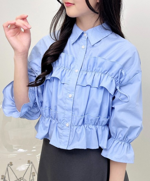 INGNI（イング） ブラウス シャツ フリルリボンショート5分袖シャツ