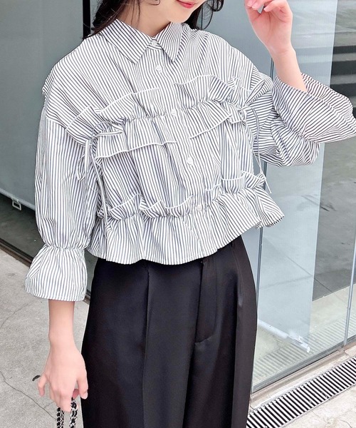 INGNI（イング） ブラウス シャツ フリルリボンショート5分袖シャツ