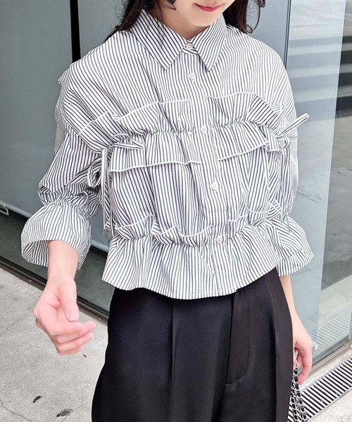 INGNI（イング） ブラウス シャツ フリルリボンショート5分袖シャツ