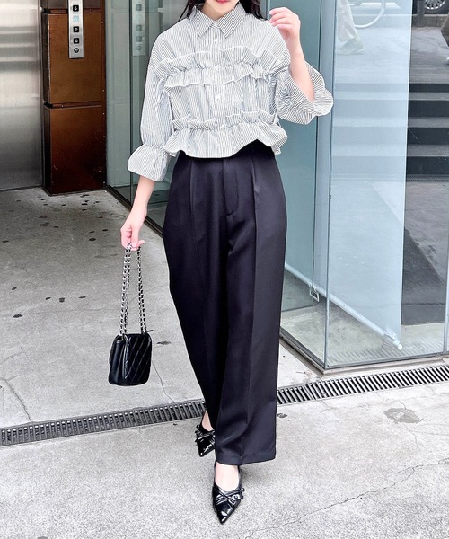 INGNI（イング） ブラウス シャツ フリルリボンショート5分袖シャツ