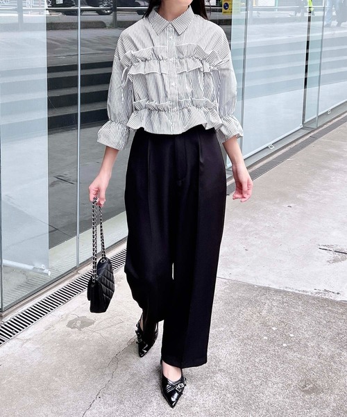 INGNI（イング） ブラウス シャツ フリルリボンショート5分袖シャツ