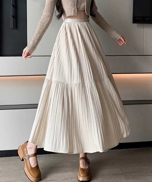 shoppinggo スカート プリーツスカートロング黒 無地スカート