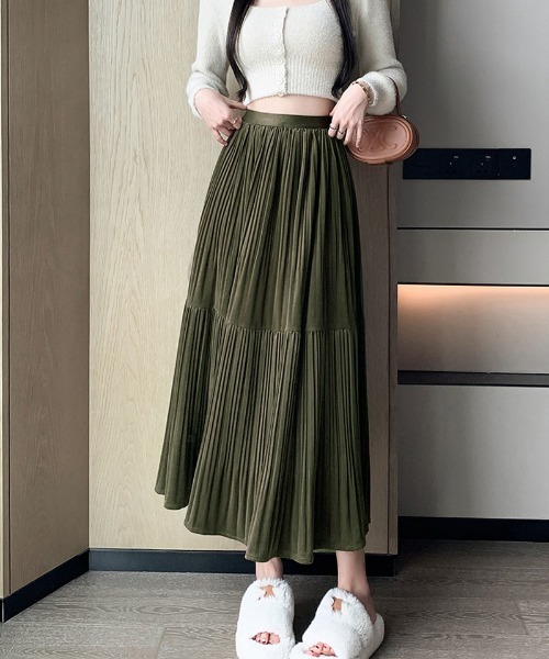 shoppinggo スカート プリーツスカートロング黒 無地スカート