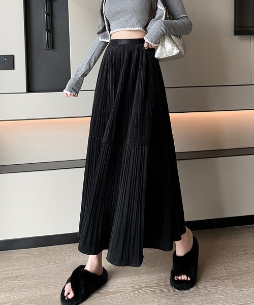 PGG 黒 プリーツスカート Mサイズ shoppinggo スカート プリーツスカートロング黒 無地スカート