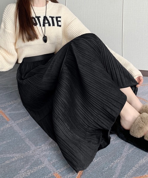 shoppinggo スカート プリーツスカートロング黒 無地スカート