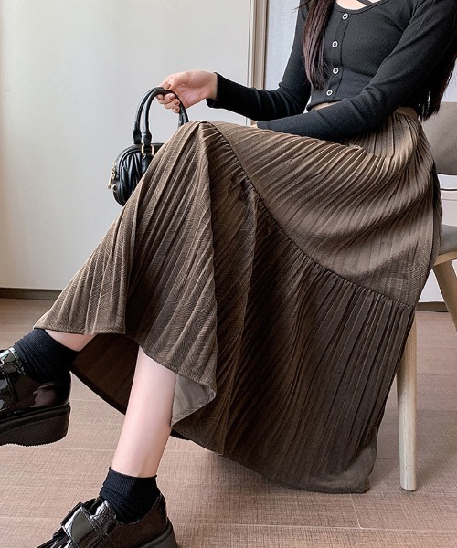 shoppinggo スカート プリーツスカートロング黒 無地スカート