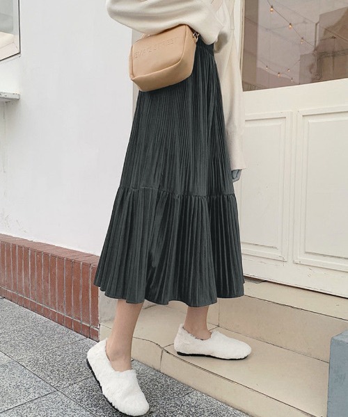 shoppinggo スカート プリーツスカートロング黒 無地スカート