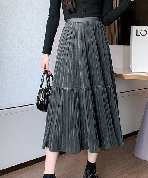 shoppinggo スカート プリーツスカートロング黒 無地スカート