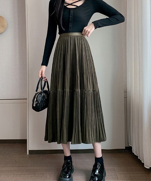 shoppinggo スカート プリーツスカートロング黒 無地スカート