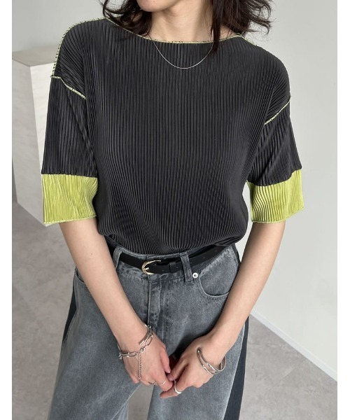Re:EDIT tシャツ プリーツ袖配色クルーネックトップス