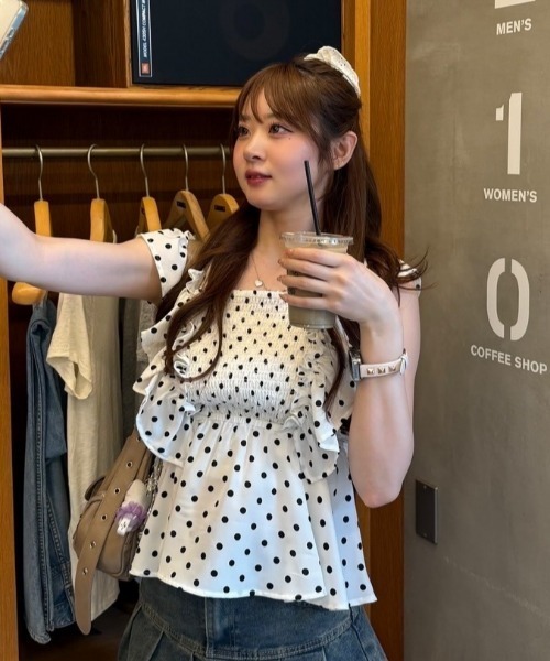 慈雨 センソユニコ　シワ加工　変形襟 ドット柄 シャツブラウス 長袖 日本製 continuer de NICE CLAUP ブラウス シャツ 「前後2WAY/ドット柄