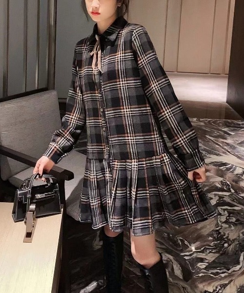 【美品】Palas Palace ウール　チェック柄シャツワンピース gossip!ロサンゼルス ワンピース ウールライクチェックプリーツミニ丈