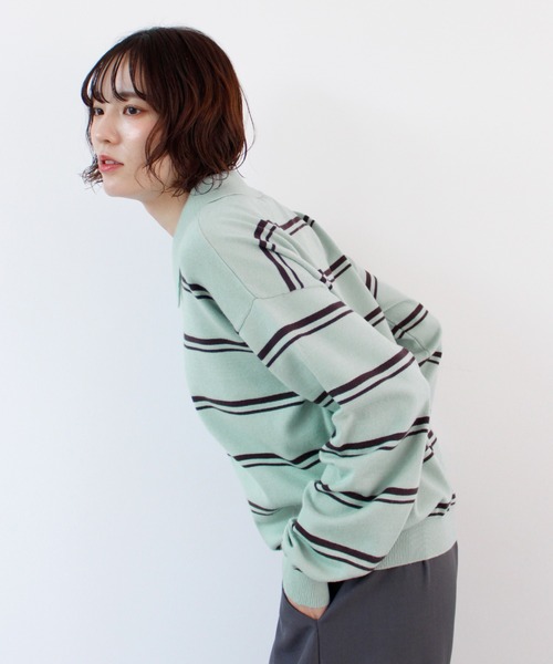 ニット セーター 襟付きボーダーポロニットトップス レディース