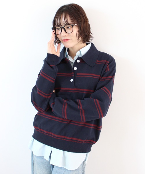 イタリアコットン糸 バイアスボーダーポロニット ファッション ニット セーター PC5534 ニット セーター 襟付きボーダーポロニットトップス レディース