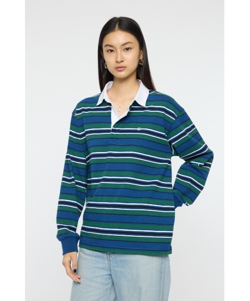 POLO SPORT 青緑ストライプ 長袖ポロシャツ MOUSSY（マウジー） ポロシャツ ポロ OVER POLO ロングスリーブシャツ