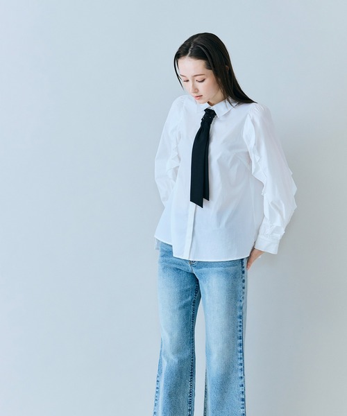 ブラウス シャツ 「人気追加」ビジューネクタイ付きシャツ レディースの画像