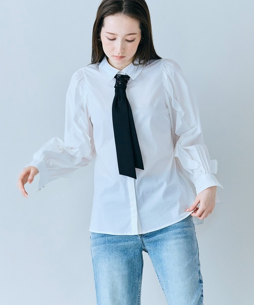 ブラウス シャツ 「人気追加」ビジューネクタイ付きシャツ レディースの画像