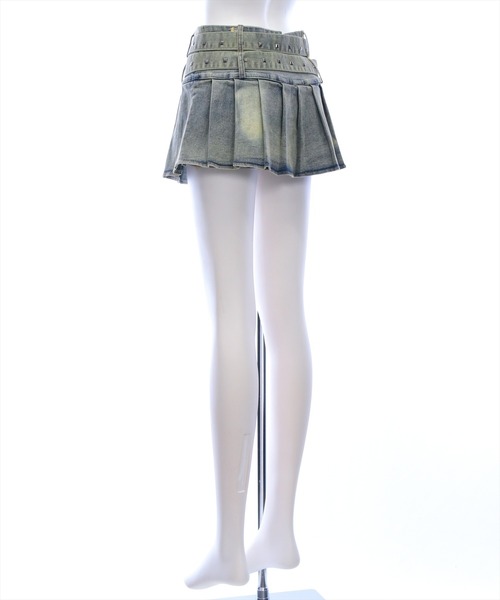clear スカート 夏 ダブルベルトプリーツデニムミニスカート「骨格