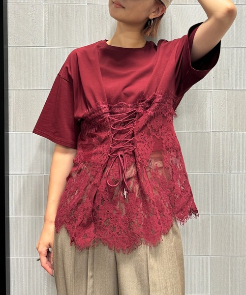 Ameri（アメリ） tシャツ 半袖 CORSET LIKE LACE DOCKING TEE