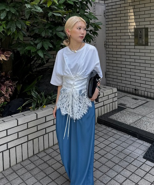 Ameri（アメリ） tシャツ 半袖 CORSET LIKE LACE DOCKING TEE