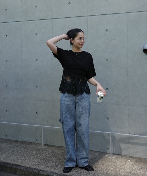 Ameri（アメリ） tシャツ 半袖 CORSET LIKE LACE DOCKING TEE