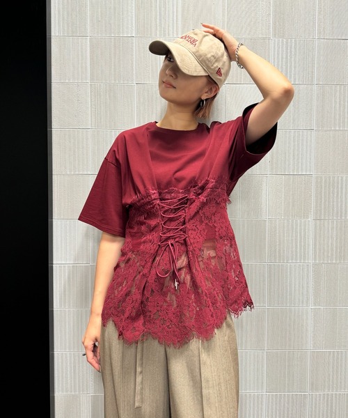Ameri（アメリ） tシャツ 半袖 CORSET LIKE LACE DOCKING TEE