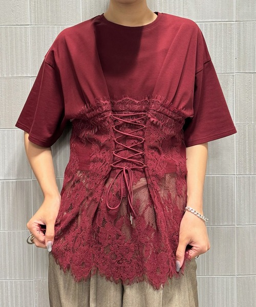 Ameri（アメリ） tシャツ 半袖 CORSET LIKE LACE DOCKING TEE