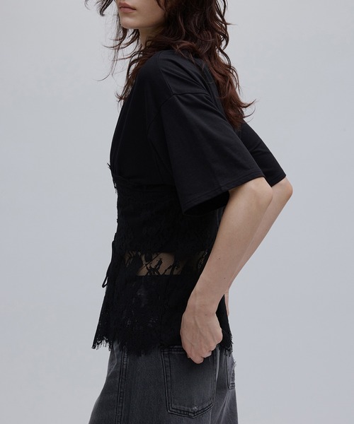 Ameri（アメリ） tシャツ 半袖 CORSET LIKE LACE DOCKING TEE