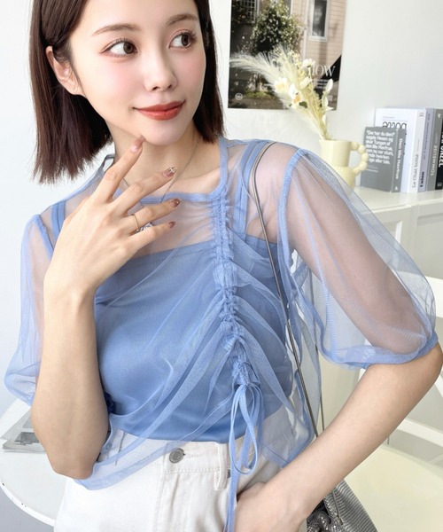 tシャツ Tシャツ キャミ付き半袖チュールシャーリングプルオーバー 