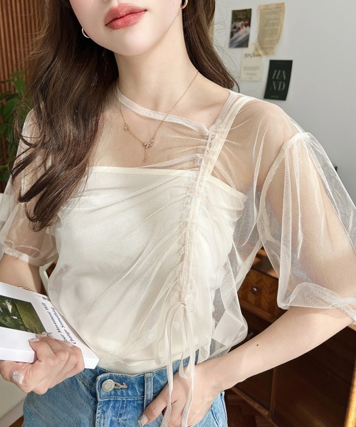 tシャツ Tシャツ キャミ付き半袖チュールシャーリングプルオーバー 