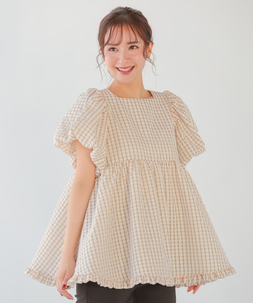 tシャツ スクエアネックチェックトップス レディース Fit more tシャツ スクエアネックチェックトップス レディース