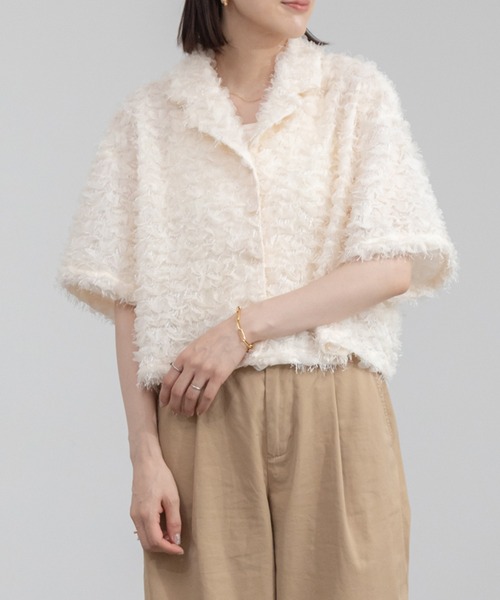 HEILIS ブラウス シャツ フリルジャガードハーフスリーブシャツ