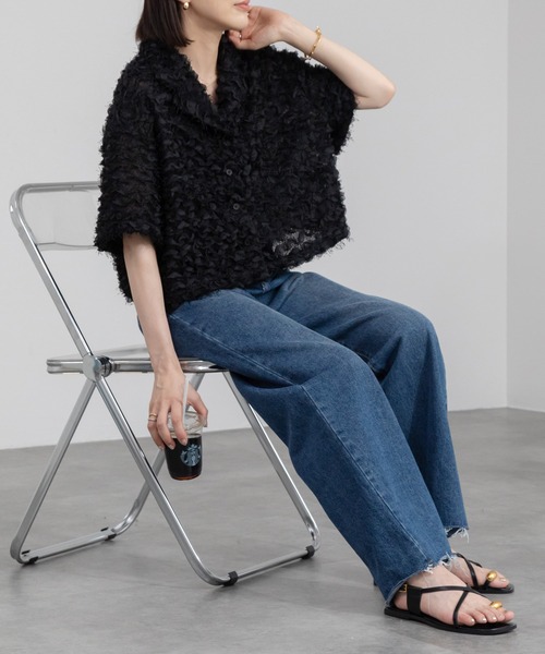 ブラウス シャツ フリルジャガードハーフスリーブシャツ レディース HEILIS ブラウス シャツ フリルジャガードハーフスリーブシャツ