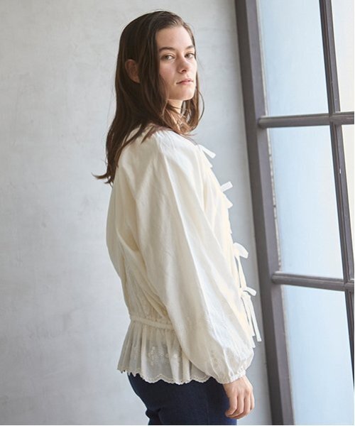 HGDE336/LEONARD メッシュブラウス パワーネット 袖シャーリング フロント シャーリング ブラウス