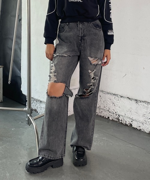 Roger&Raw ジーンズ デニム デニムパンツ ダメージワイドパンツ 