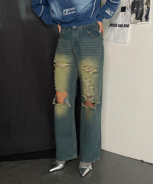 お値引き中PRIDE 加工デニム ワイドレッグパンツ ダメージジーンズ38