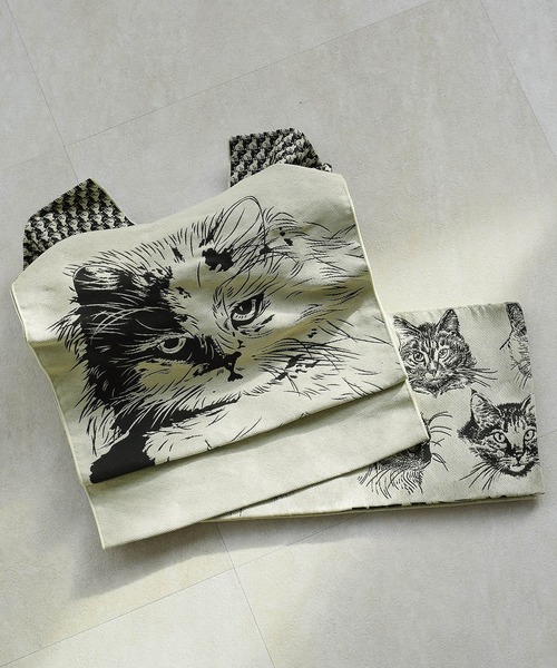 専用です☆アンティークカラフルな着物に作り帯セット 作り帯【キャット図鑑 猫作り帯】ニコアンティーク つけ帯