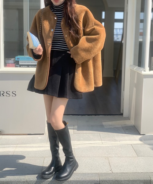 ムートンコート ボアコート 2WAYリバーシブルノーカラーコート