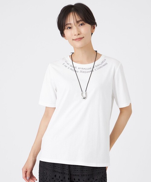 tシャツ 「接触冷感」「ウォッシャブル」ネックエンブロイダリーカットソー レディース