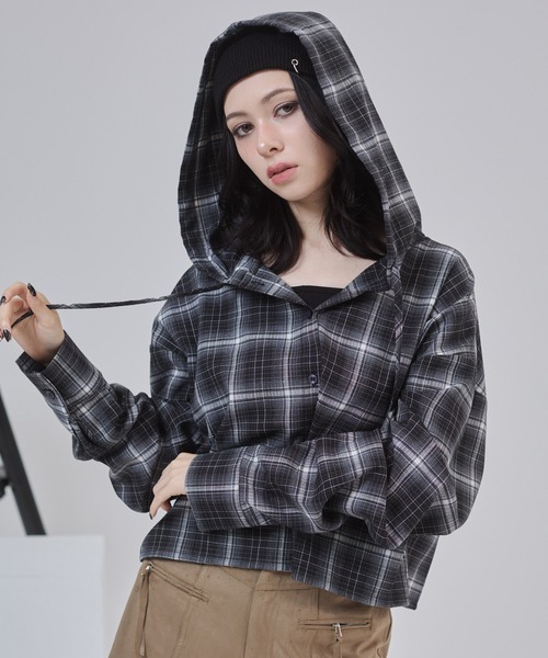 ブラウス シャツ ショートフーディーチェックシャツ レディース