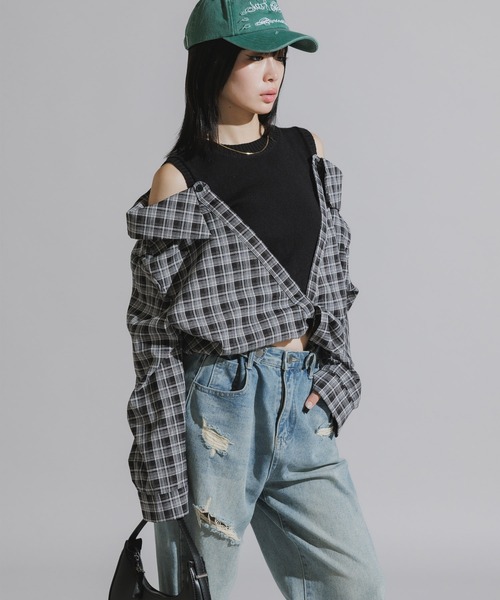 Chick ブラウス シャツ Y2K-Style Fake Layered Check Shirt / Y2K風