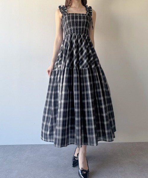 mipiarl ワンピース チェック柄フリルショルダーワンピース : ZOZOTOWN