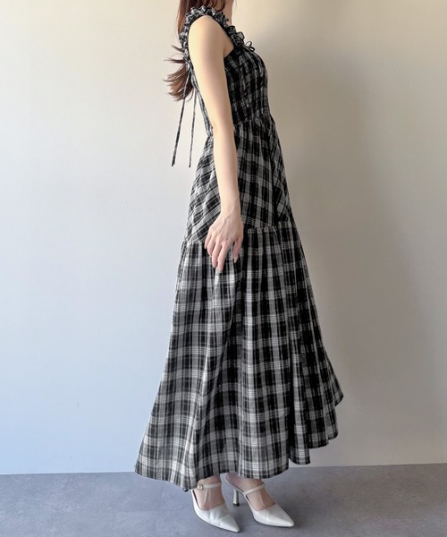 mipiarl ワンピース チェック柄フリルショルダーワンピース : ZOZOTOWN