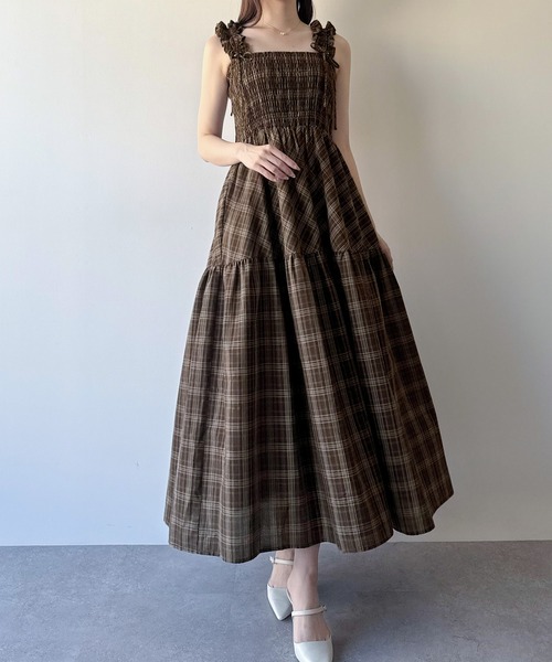 mipiarl ワンピース チェック柄フリルショルダーワンピース : ZOZOTOWN