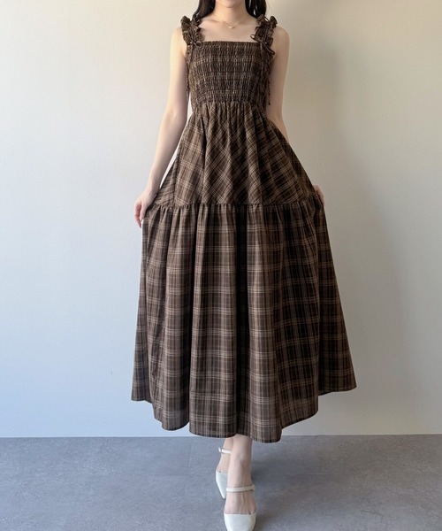 mipiarl ワンピース チェック柄フリルショルダーワンピース : ZOZOTOWN