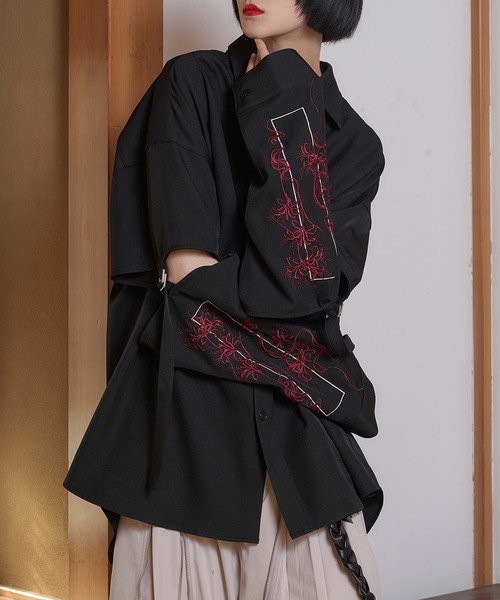 狐独 シャツ 彼岸花刺繍アームカットシャツ メンズ レディース