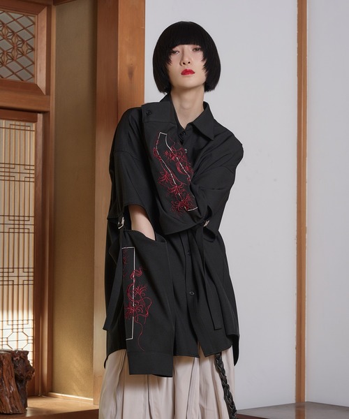 狐独 シャツ 彼岸花刺繍アームカットシャツ メンズ レディース 