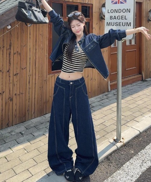 セットアップ 韓国風 スタンドカラー デニムジャケット ワイドパンツ