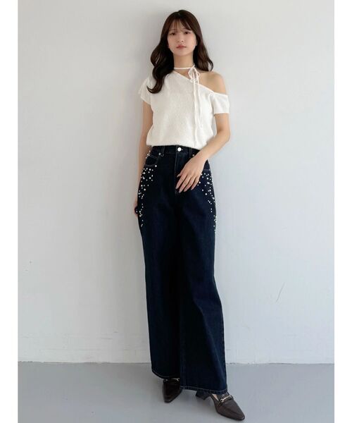 【美品】MERCURY DUO パールデニムパンツ　ハイウエスト　ワイド MERCURYDUO（マーキュリーデュオ） ジーンズ デニム デニムパンツ